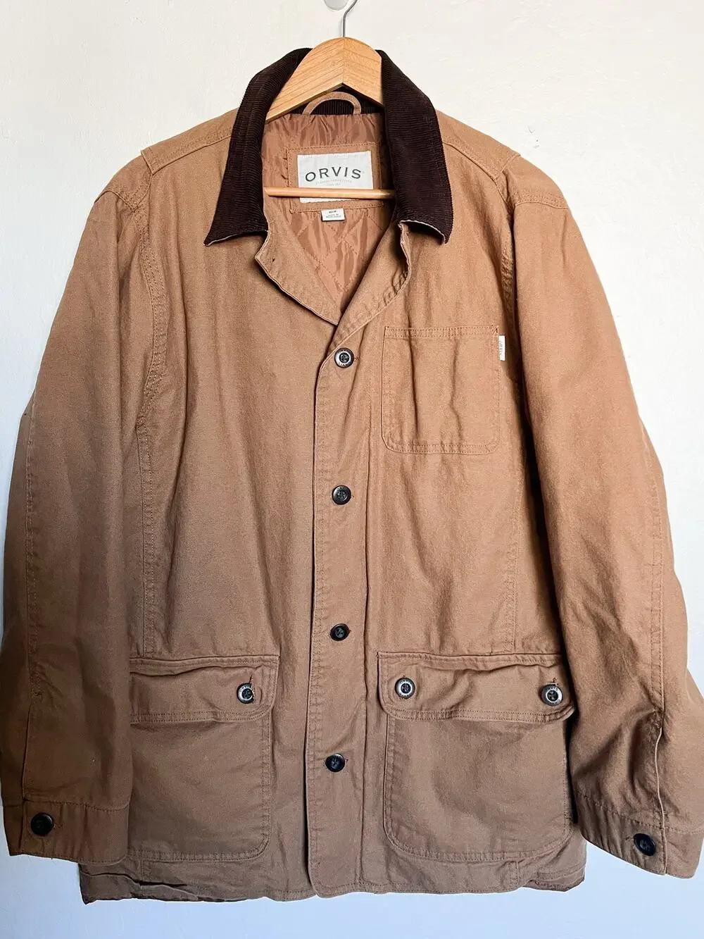 Orvis Barn Coat Jacket Men Medium Brown Tan Canvas Chore Corduroy Collar Classic